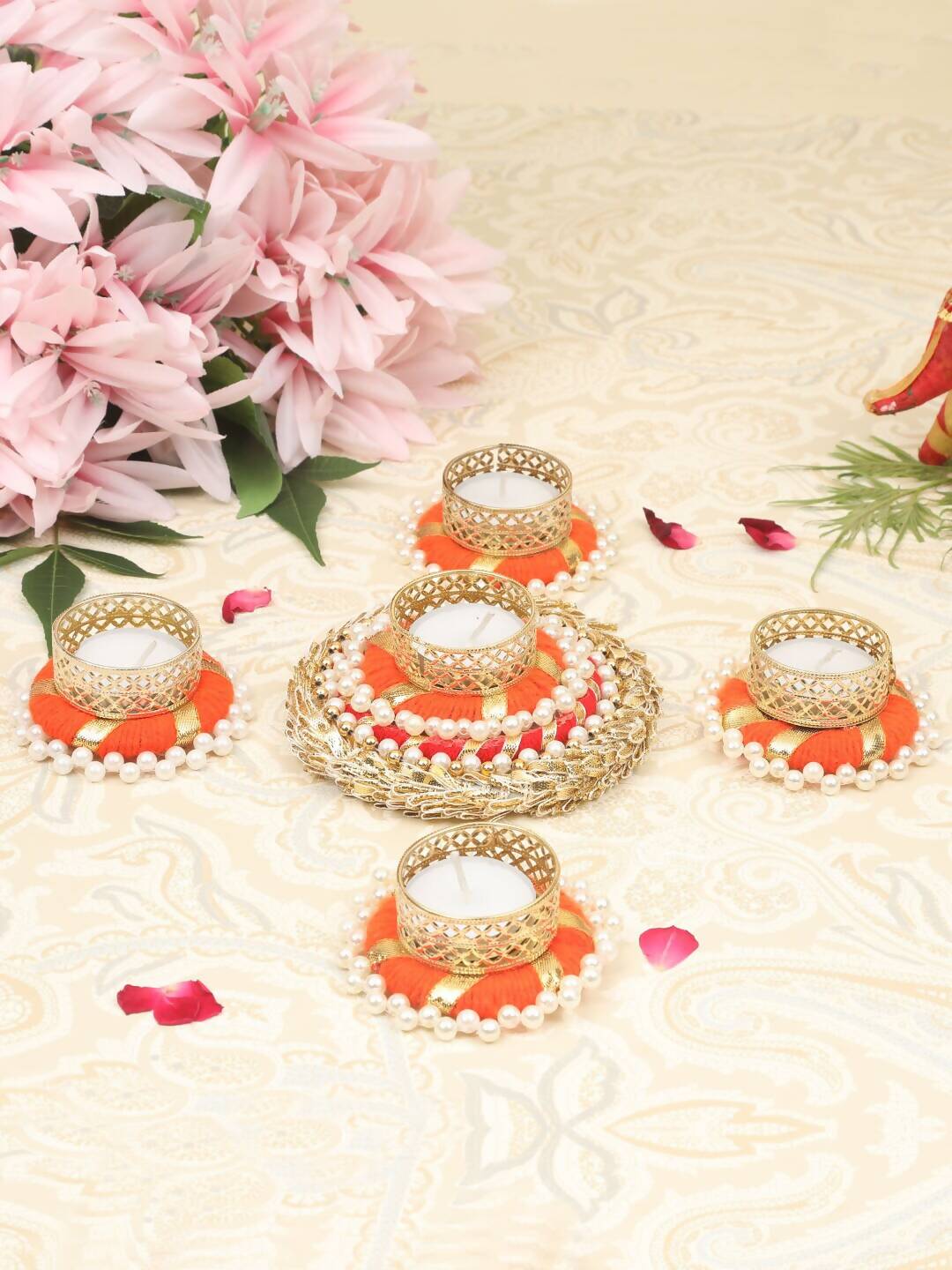 Tied Ribbons Set of 5 Orange & Gold-Toned Tealight Candle Holder - Distacart