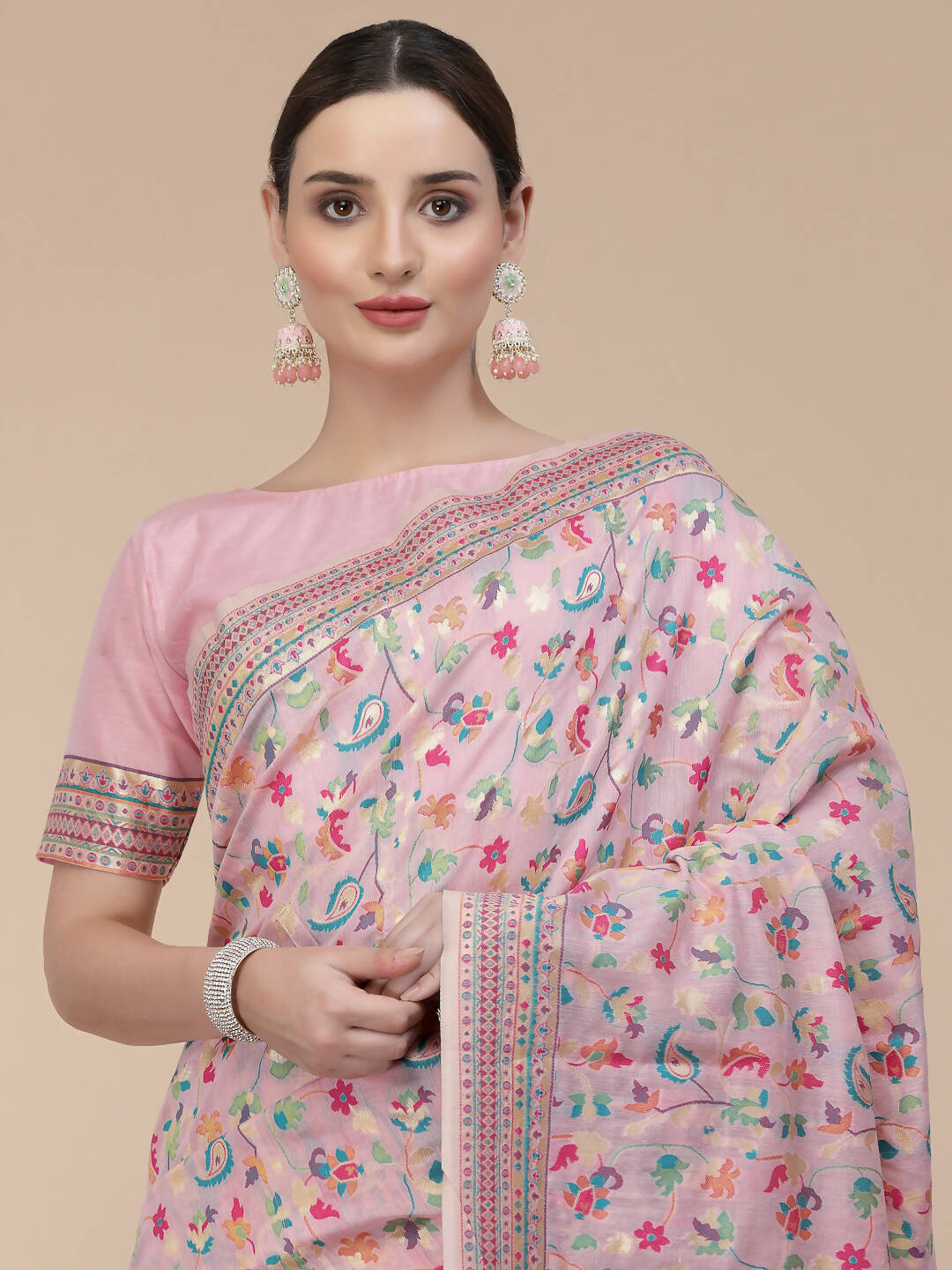 Light Pink Silk Blend Woven Design Saree With Unstitched Blouse Piece - Aloki - Distacart