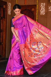 Thumbnail for Very Much Indian Raaga Handloom Pure Silk Gleaming Violet Paithani With Pink Border And Pallu - Distacart