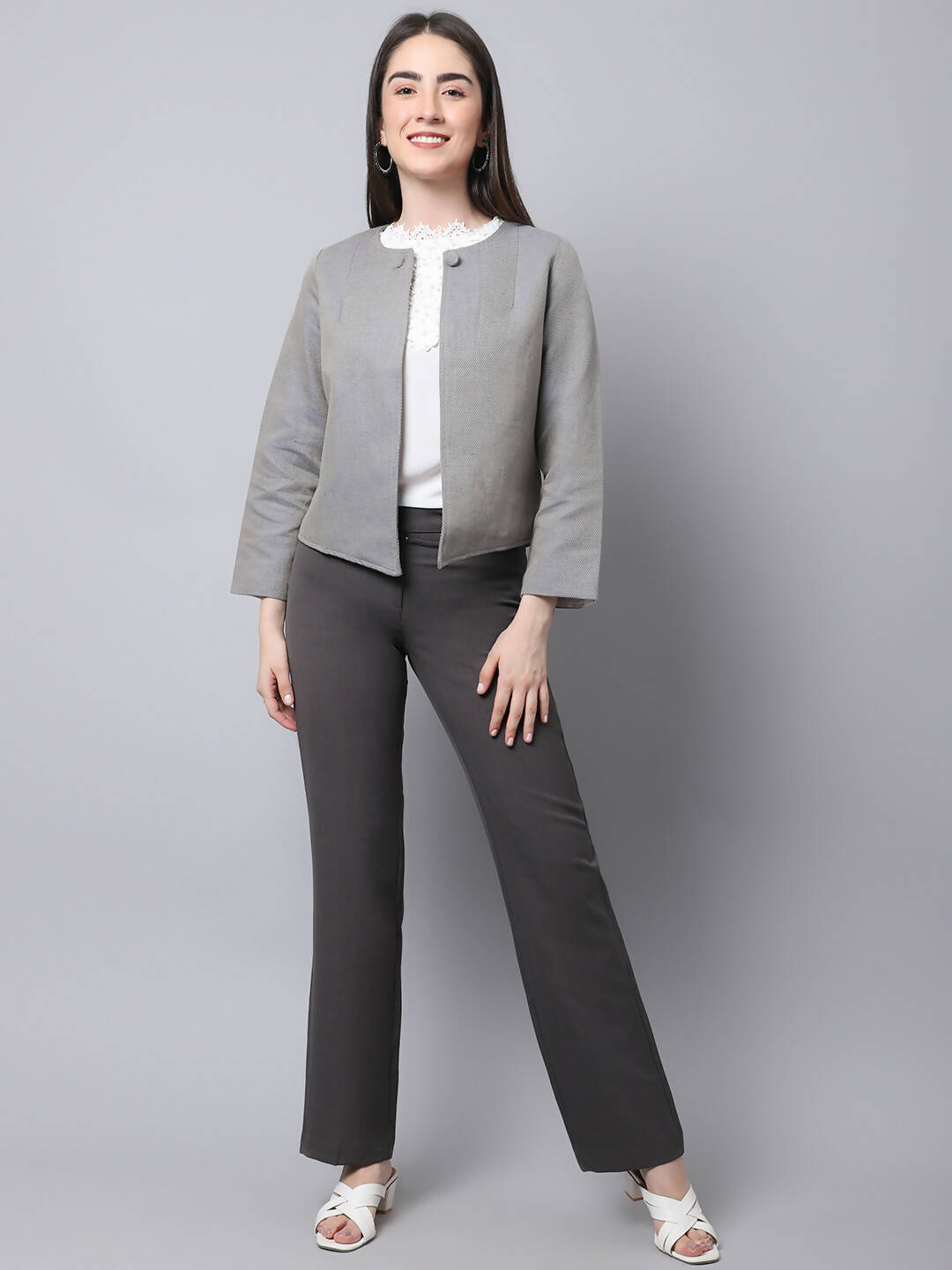 Even Apparels Grey Polywool Open Front Statement Women's Jacket (BF006) - Distacart