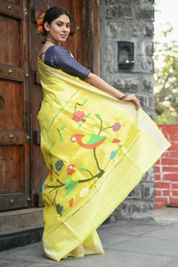 Thumbnail for Very Much Indian Handloom Pure Cotton Fresh Yellow Paithani - Distacart
