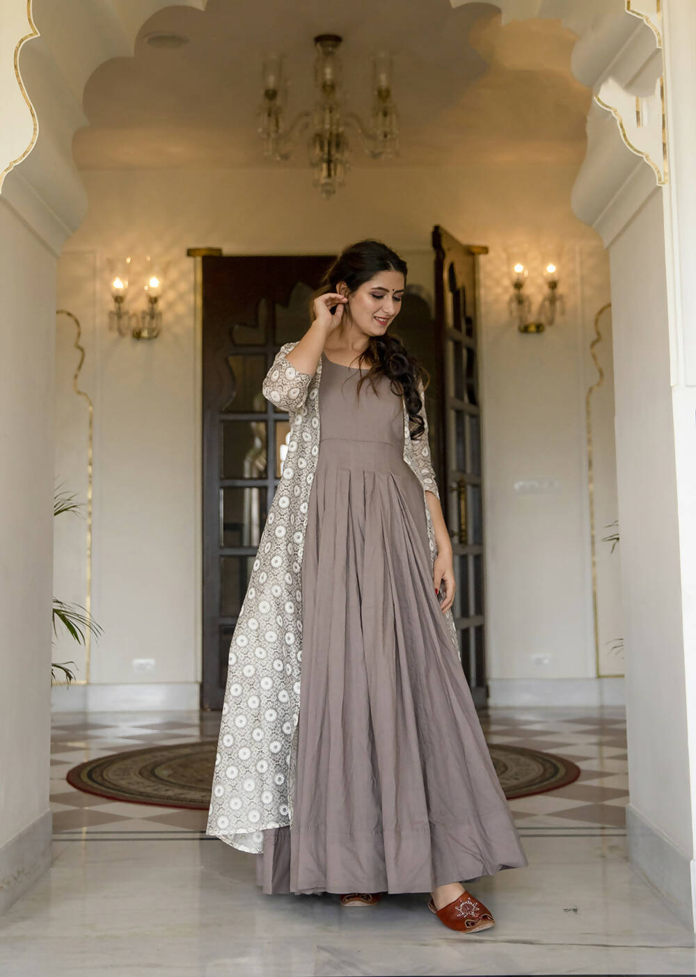 Partywear Designer Digital print Grey Maslin Gown - Anbazaar - Distacart
