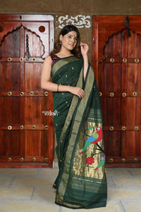 Thumbnail for Very Much Indian Handloom Pure Cotton Paithani - Dark Green - Distacart
