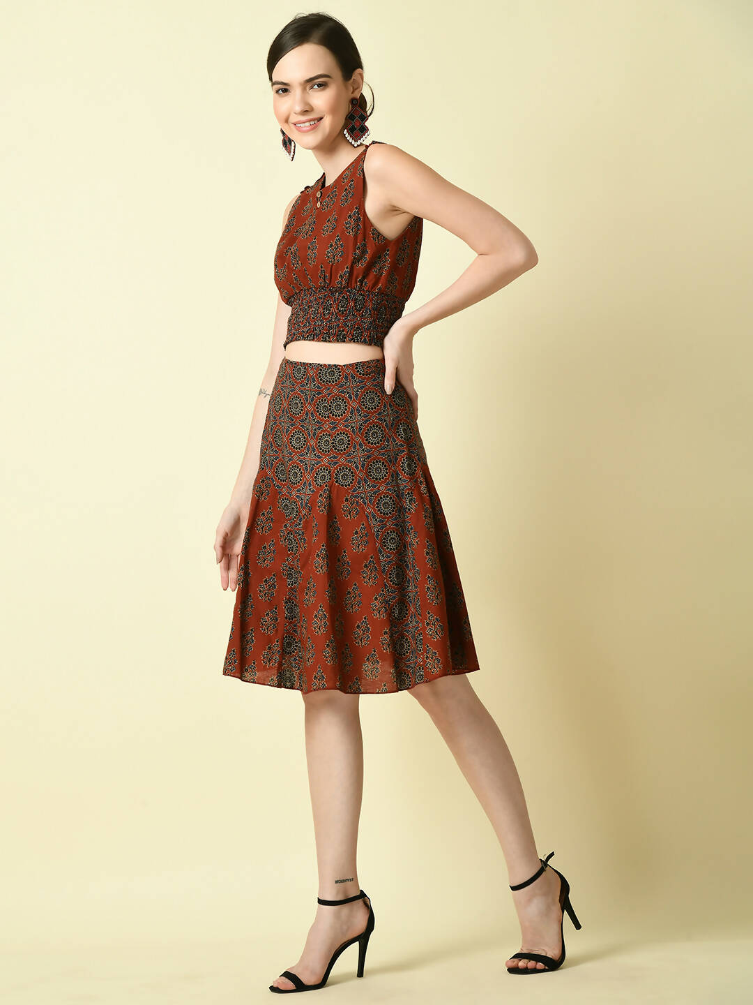 Myshka Women's Rust Round Neck Top With Skirt - Distacart
