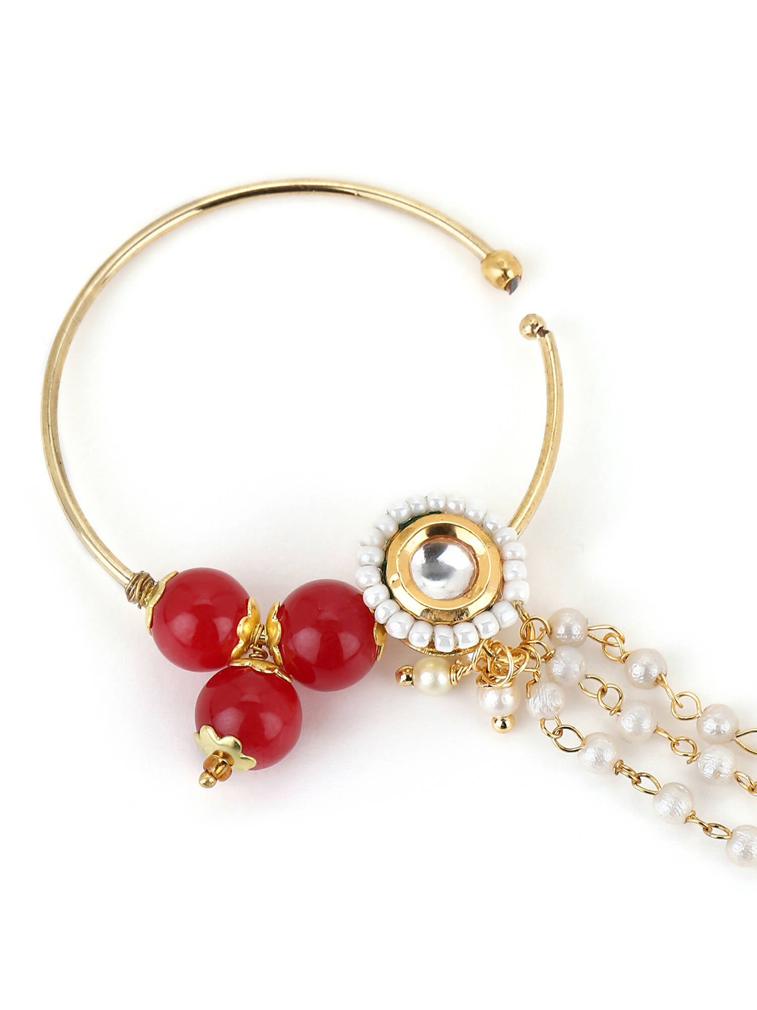 White Red Gold-Plated Kundan-Studded Beaded Nosepin - Ruby Raang - Distacart