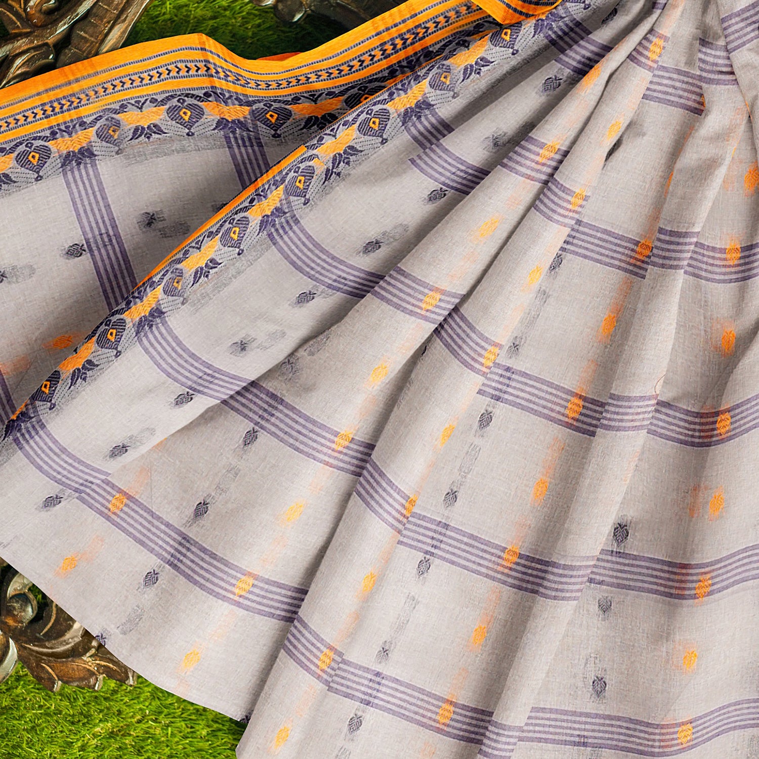 Exclusive Collection 100% Pure Cotton Light Grey Tant Saree With Hand Weaving Work - Distacart
