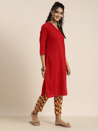 Thumbnail for Sangria Women Red Solid Pure Cotton Gotta Patti Kurta with Abstract Print Trousers - Distacart