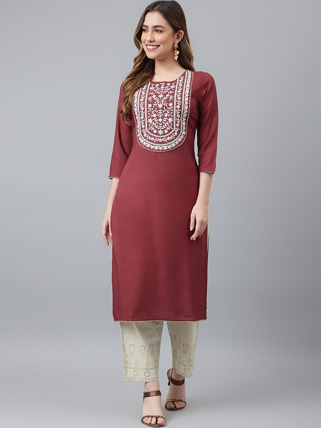 Khushal K Women Burgundy Yoke Design Kurta - Distacart