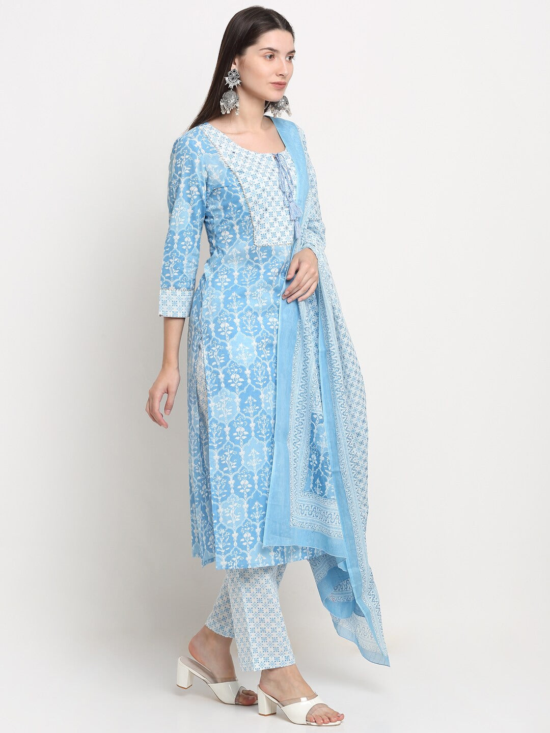 Kalini Women Turquoise Blue Ethnic Motifs Printed Mirror Work Pure Cotton Kurta with Trousers & With Dupatta - Distacart