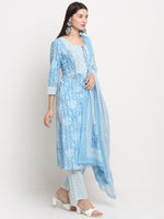 Thumbnail for Kalini Women Turquoise Blue Ethnic Motifs Printed Mirror Work Pure Cotton Kurta with Trousers & With Dupatta - Distacart