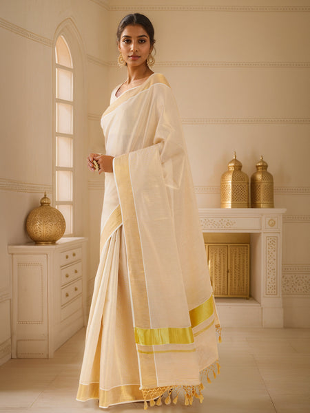 Soch Off White & Gold-Toned Zari Tissue Kasavu Saree - Distacart