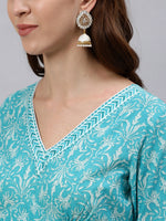 Thumbnail for Jaipur Kurti Women Turquoise Blue Floral Printed Regular Kurta With Trousers & Dupatta - Distacart