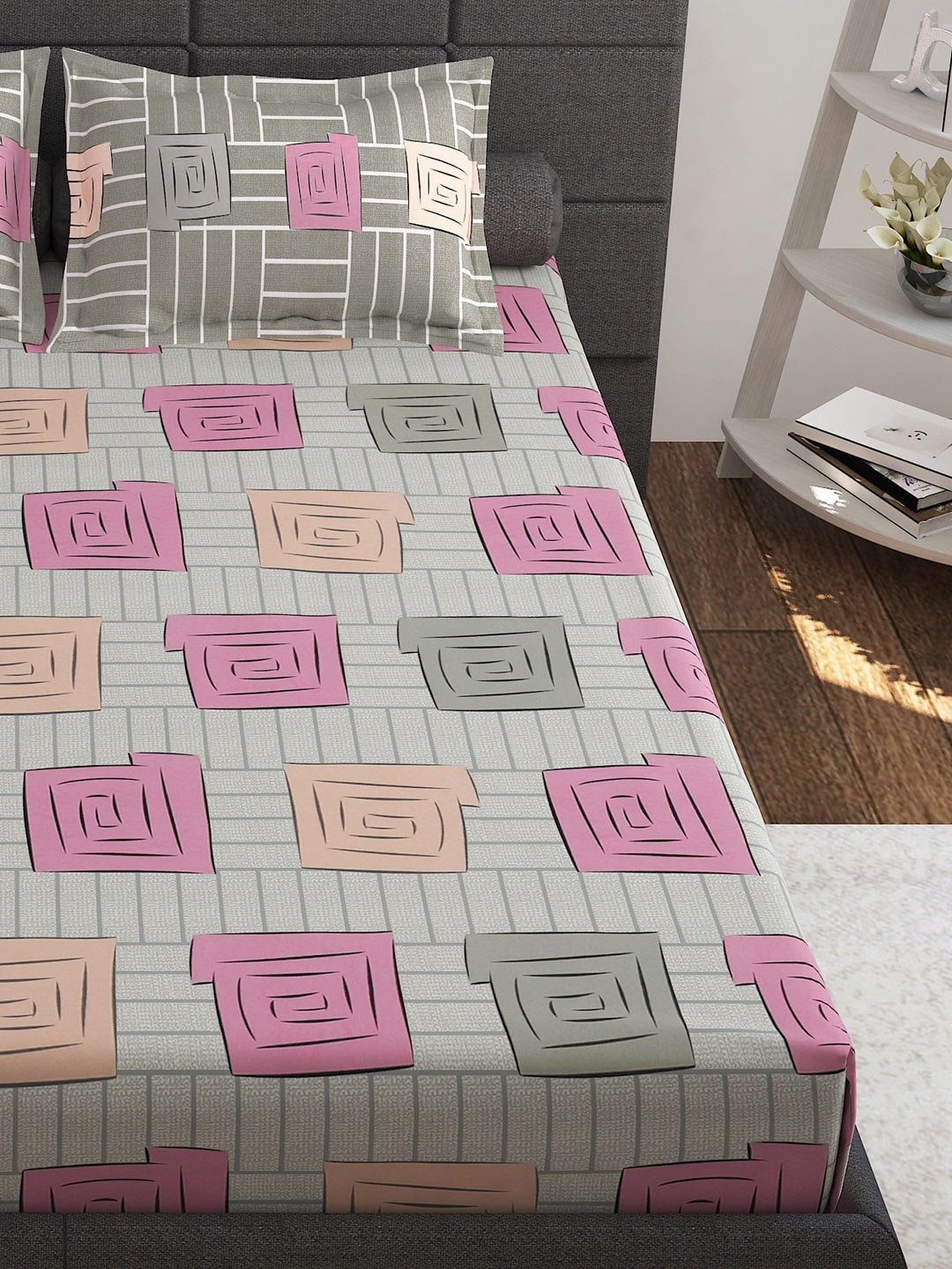 Story@home Beige & White Geometric Cotton 152 TC Queen Bedsheet With 2 Pillow Covers - Distacart