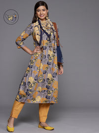 Thumbnail for Biba Women Lavender & Mustard Yellow Floral Printed Floral Kurta - Distacart