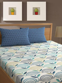 Thumbnail for Bajo's White & Green Ethnic Motifs 350 TC Cotton King Bedsheet with 2 Pillow Covers - Distacart