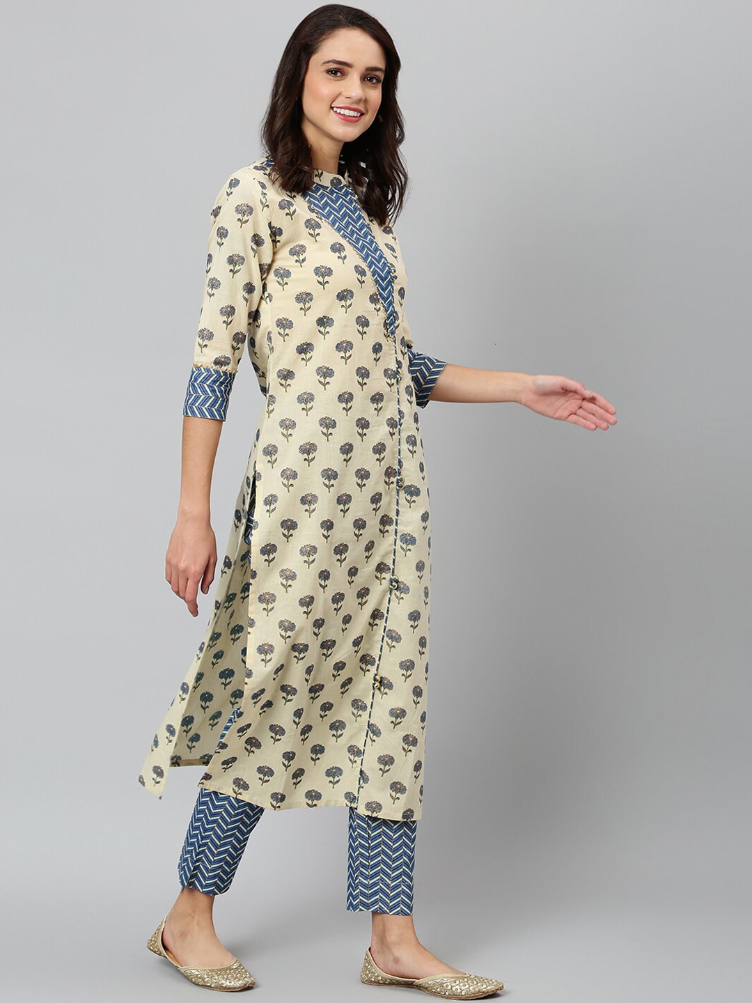 Khushal K Women Beige Floral Printed Regular Gotta Patti Pure Cotton Kurta with Trousers & With Dupatta - Distacart