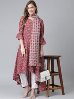 Thumbnail for Khushal K Women Maroon Cotton Floral Printed Kurta With Dupatta - Distacart