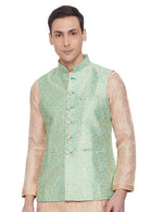 Thumbnail for Manyavar Green Self Textured Shiny Pattern Nehru Jacket For Men