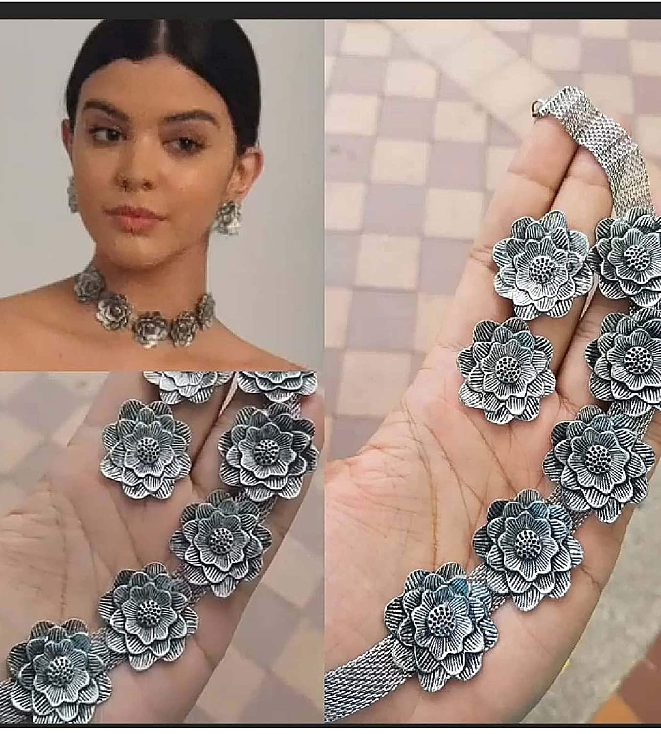 Silver-Plated Alloy Oxidised Rose Shape Necklace - The Pari - Distacart