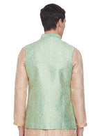 Thumbnail for Manyavar Green Self Textured Shiny Pattern Nehru Jacket For Men