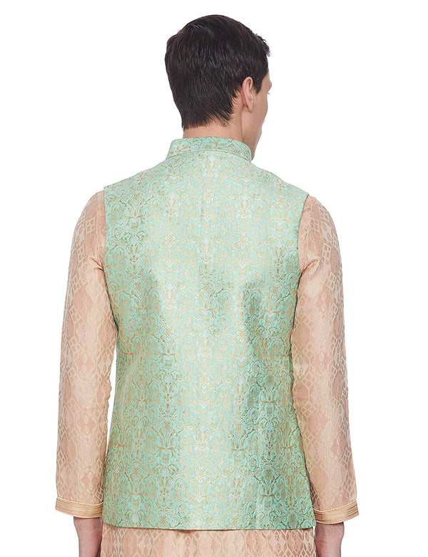 Manyavar Green Self Textured Shiny Pattern Nehru Jacket For Men