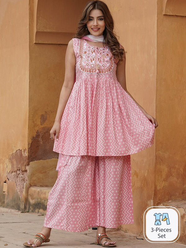 Kalini Geometric Printed Tie-Up Neck Thread Work A-Line Kurta with Sharara & Dupatta - Distacart