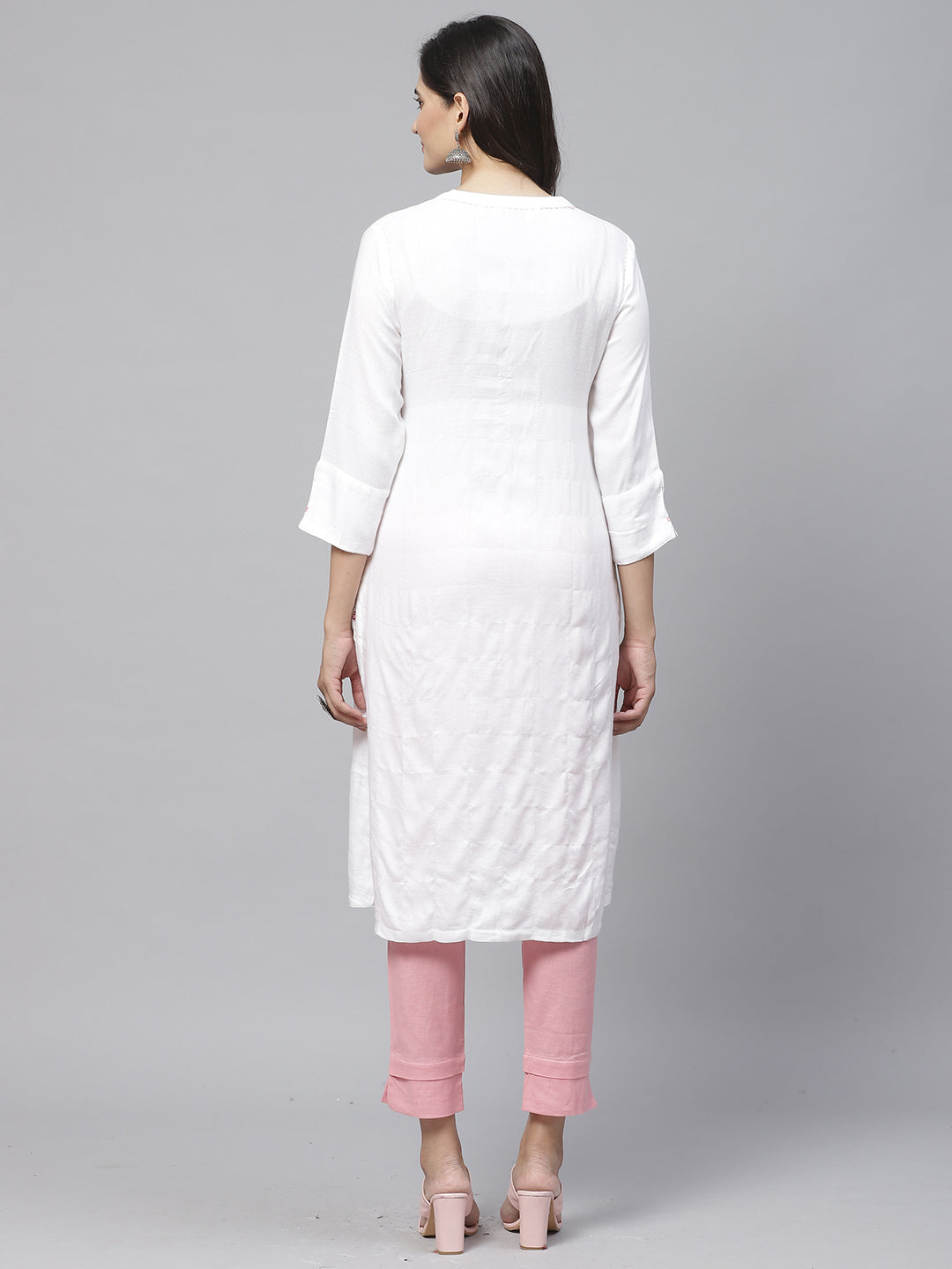 Biba Women White & Silver Self-Checked Straight Kurta - Distacart