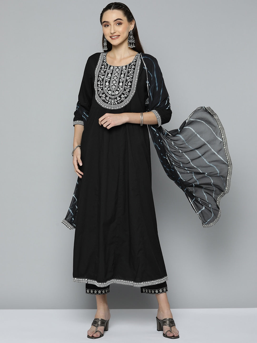 HERE&NOW Women Black Ethnic Motifs Embroidered Kurta with Trousers & With Dupatta - Distacart
