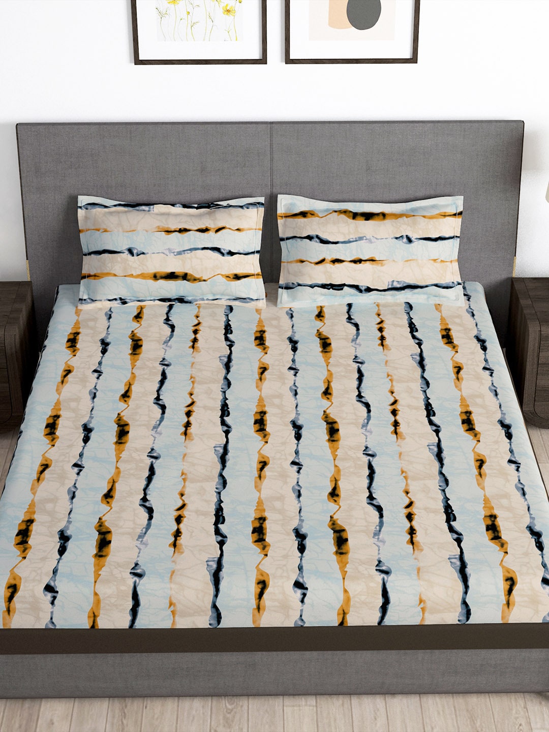 Story@home Arena Cream-Coloured & Grey Printed 180 TC Bedsheet & Pillow Covers - Distacart