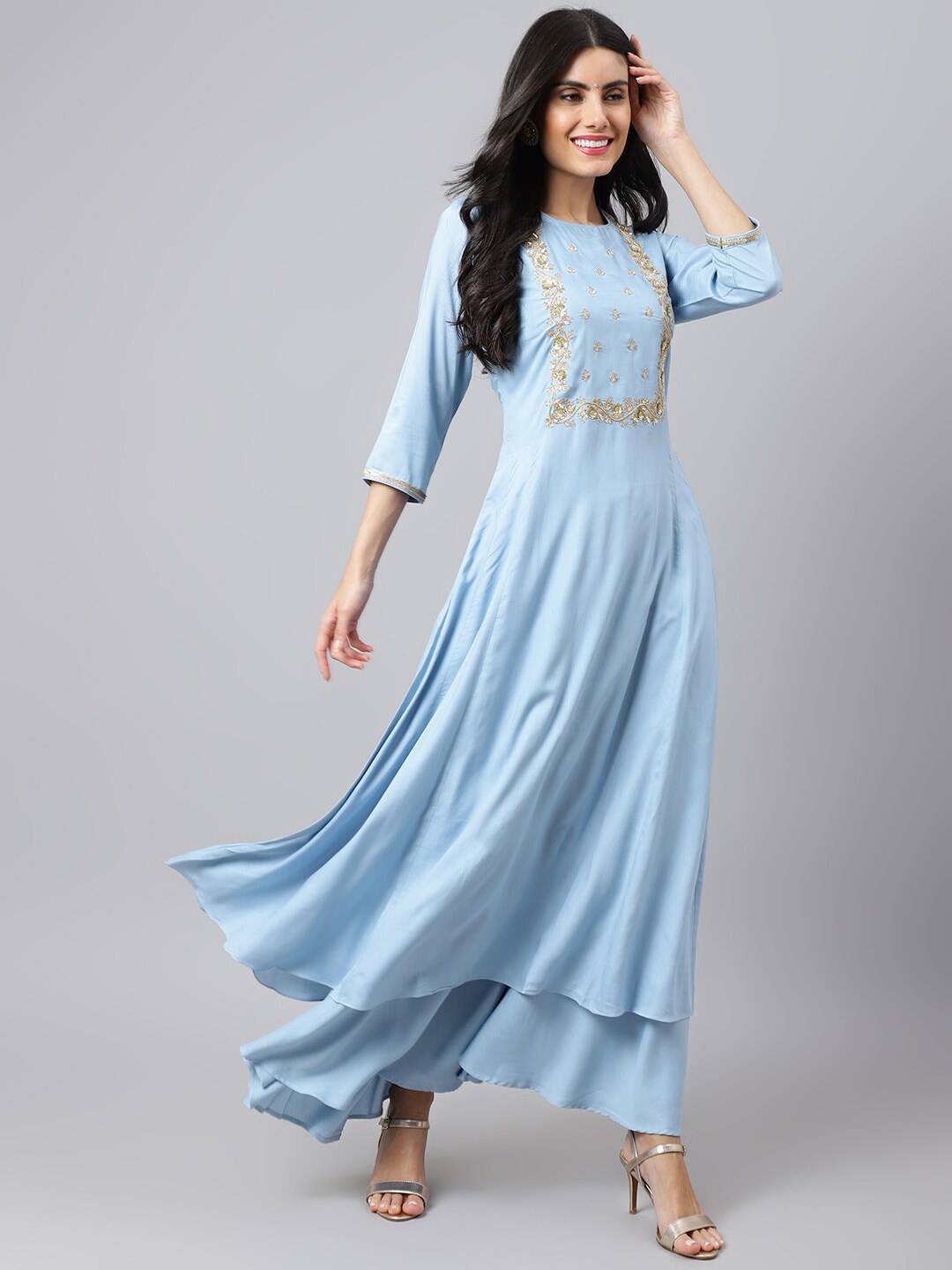 Khushal K Ethnic Motifs Yoke Design Zari Sequined Anarkali Kurta with Palazzos - Distacart