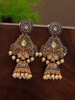 Thumbnail for Shoshaa Blue & Gold-Toned Dome Shaped Jhumkas Earrings - Distacart
