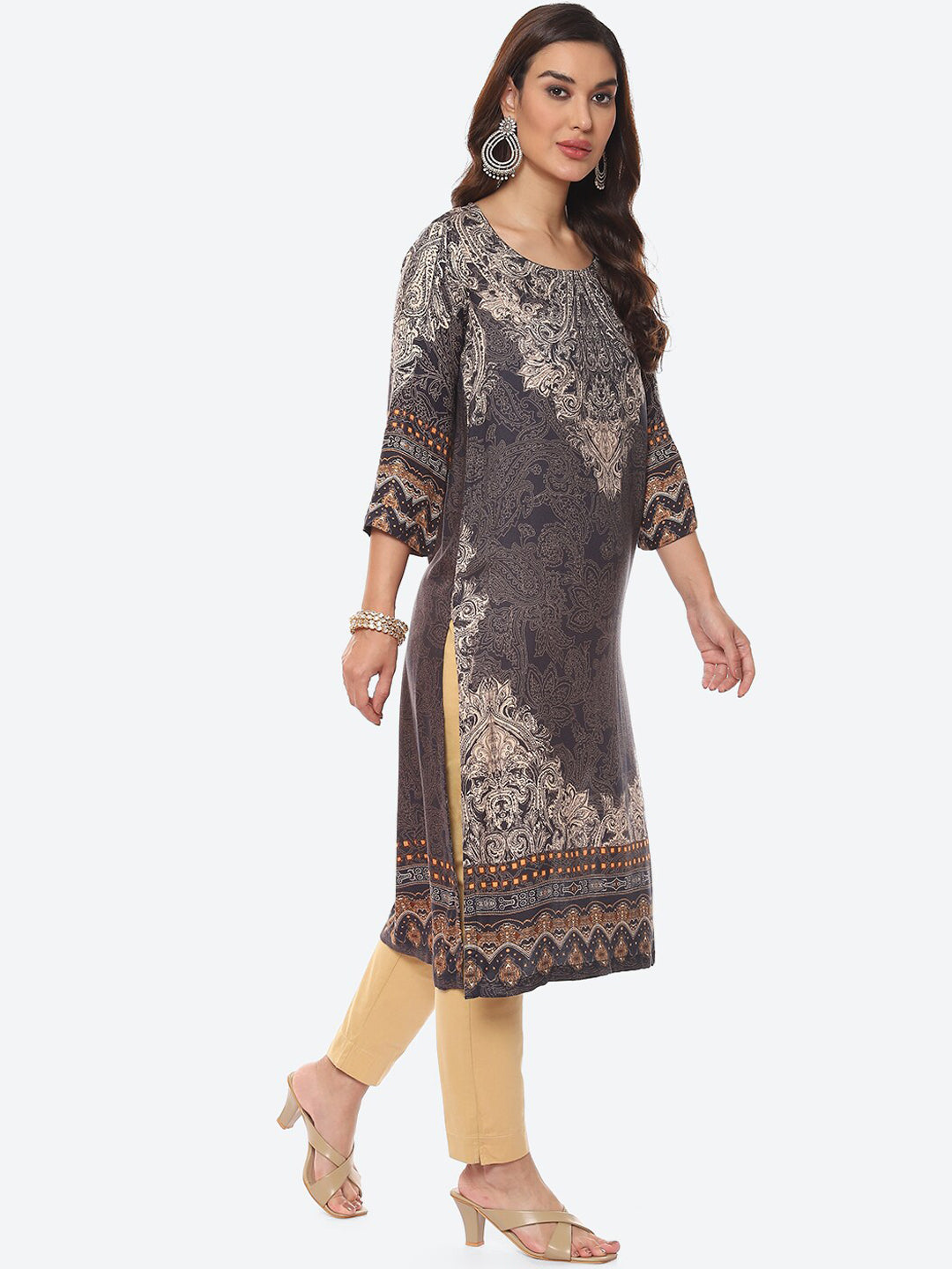 Biba Women Grey & Beige Ethnic Motifs Printed Straight Fit Kurta - Distacart