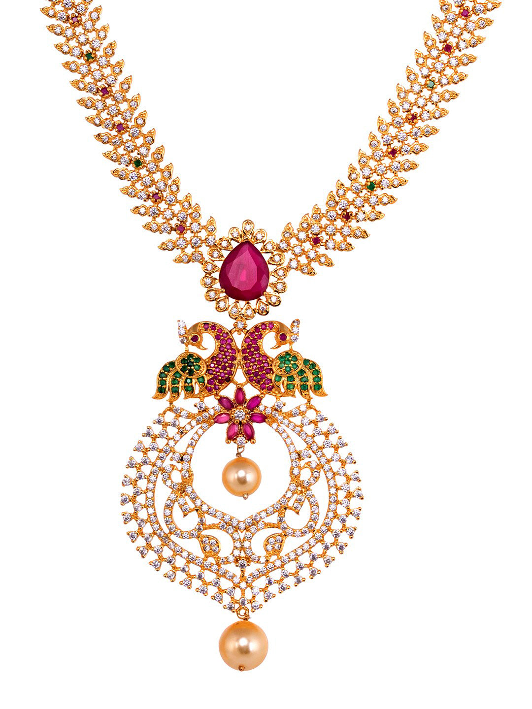 Saraf RS Jewellery Gold-Plated Green & Pink American Diamond Studded & Beaded Handcrafted Jewellery Set - Distacart