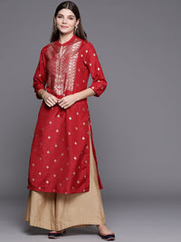 Thumbnail for Biba Women Red & Golden Ethnic Motifs Print Straight Kurta - Distacart