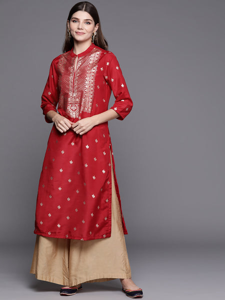 Biba Women Red & Golden Ethnic Motifs Print Straight Kurta - Distacart