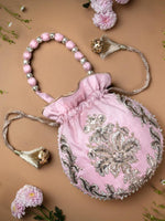 Thumbnail for Masq Pink & Gold-Toned Embellished Embroidered Potli Clutch - Distacart