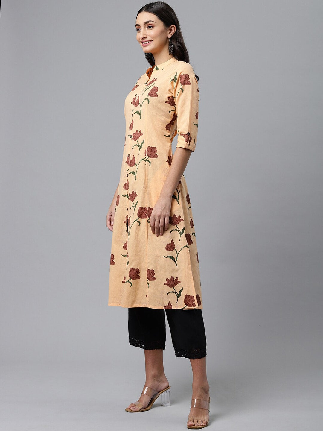 HERE&NOW Women Orange & Brown Floral Printed A-Line Kurta - Distacart