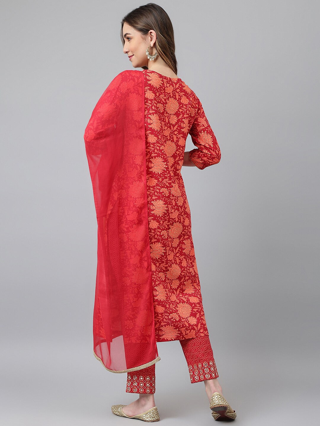 Khushal K Women Orange Floral Printed Mirror Work Kurta With Trousers & Dupatta - Distacart