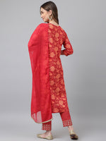 Thumbnail for Khushal K Women Orange Floral Printed Mirror Work Kurta With Trousers & Dupatta - Distacart