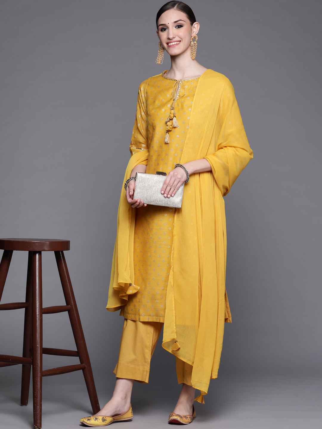 Biba Women Mustard Yellow & Golden Ethnic Motifs Printed Kurta with Palazzos & Dupatta - Distacart