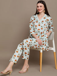 Thumbnail for HERE&NOW Floral Printed Lace Inserted V-Neck Kurti with Trousers - Distacart