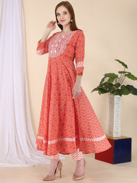 Thumbnail for Kalini Women Peach-Coloured Ethnic Motifs Embroidered Mirror Work Pure Cotton Kurta with Trousers & With - Distacart