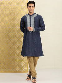 Thumbnail for House of Pataudi Men Navy Blue Embroidered Striped Pattern Jashn Kurta - Distacart