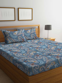 Thumbnail for FABINALIV Grey & Brown Etnic Motifs 300 TC Fitted King Bedsheet With 2 Pillow Covers - Distacart