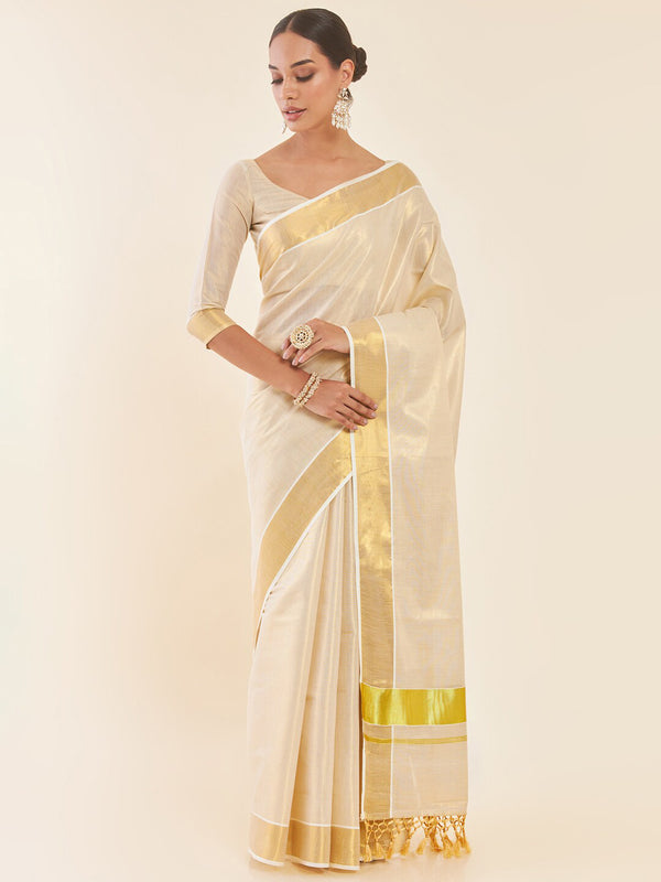 Soch Off White & Gold-Toned Zari Tissue Kasavu Saree - Distacart