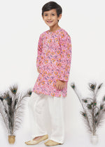 Thumbnail for Little Bansi Cotton Block Print Floral Kurta with Pearl Buttons & Pyjama in Pink & Cream - Distacart