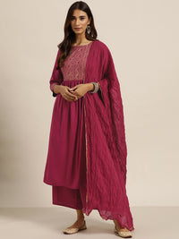 Thumbnail for Sangria Women Magenta & Golden Printed Kurta with Palazzos & Dupatta - Distacart