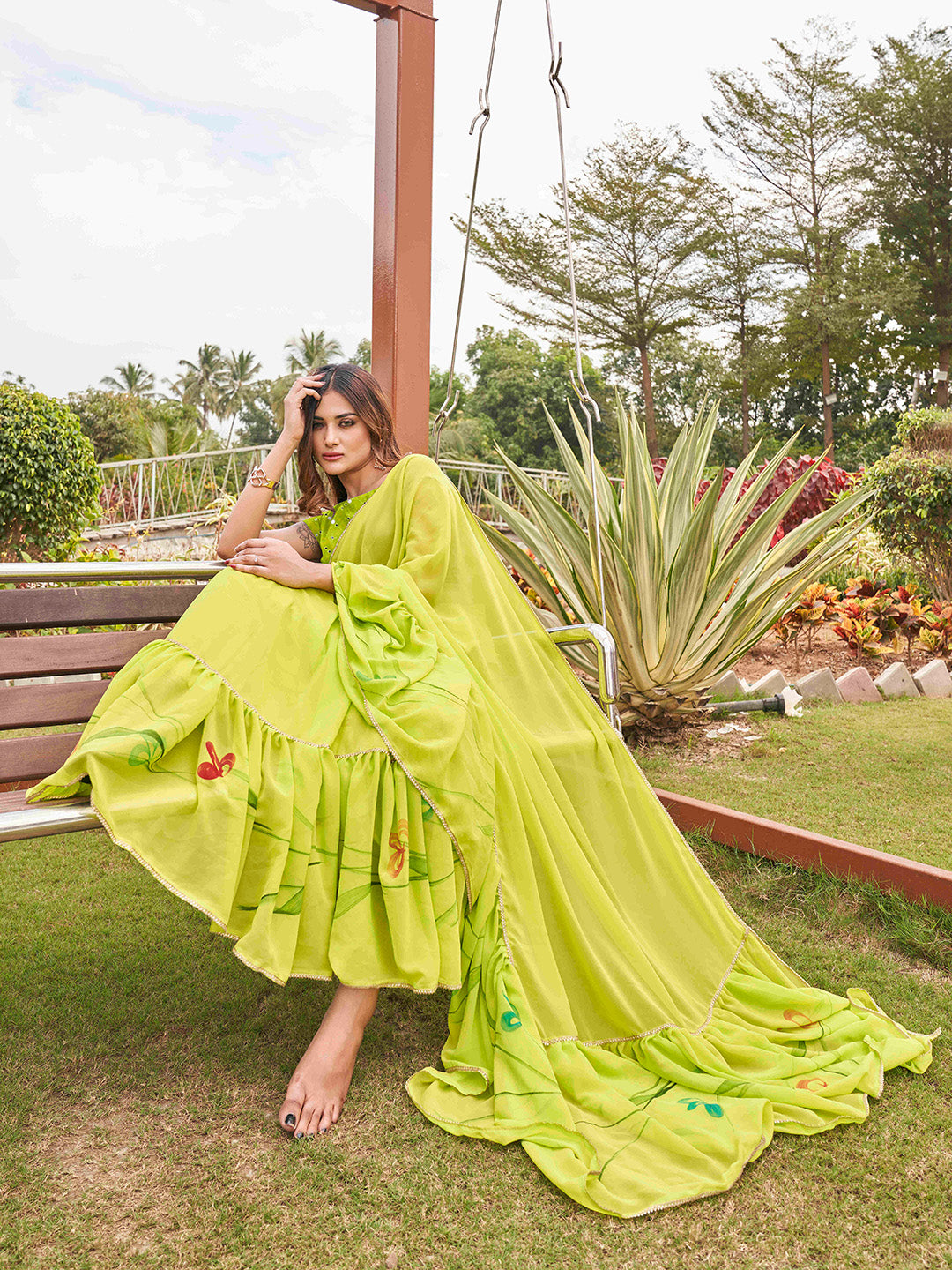 Tikhi Imli Printed Ruffle Saree With Mirror Embroidered Work Blouse - Distacart