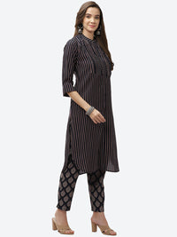 Thumbnail for Biba Women Navy Blue Striped Panelled Kurti with Trousers - Distacart