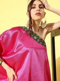 Thumbnail for InWeave Women's Pink Green Brocade Satin Oneshoulder Kurta Set - Distacart